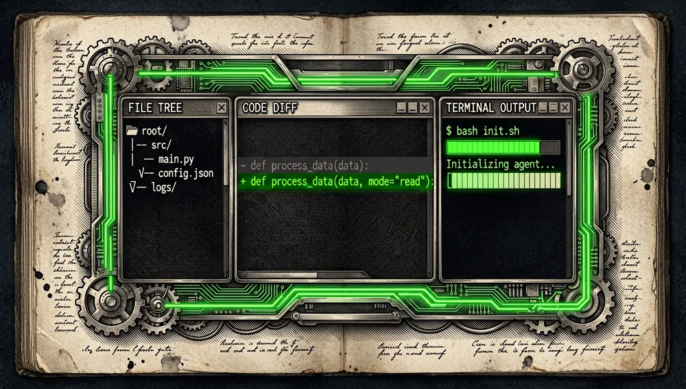 Centro de mando futurista con paneles de árbol de archivos, diferencias de código y salidas de bash, con las herramientas read, write, edit y bash activas.