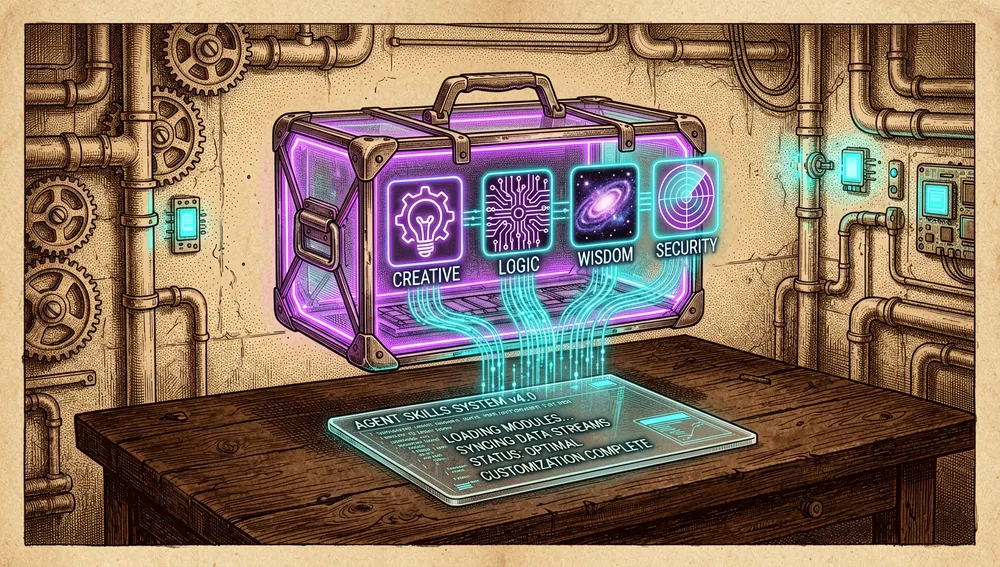 Caja de herramientas holográfica flotante con iconos de habilidades modulares que se cargan en una terminal transparente.