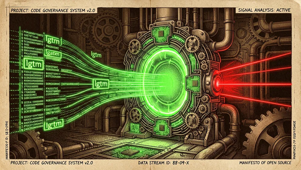Puerta de neón futurista que filtra un flujo de envíos de código; algunos bloques verdes pasan la revisión lgtm y otros son desviados.