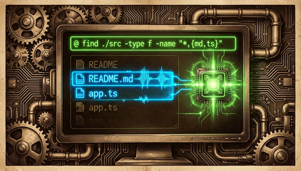 Terminal oscura donde el usuario escribe una búsqueda difusa con @ para seleccionar README.md y app.ts, con resaltados holográficos.