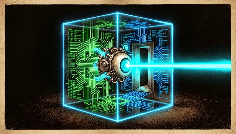 Ilustración de un cubo de cristal oscuro con código enredado en verde y azul neón, escaneado desde dentro por un ojo robótico de IA que traza un haz láser cian para revelar rutas ocultas.