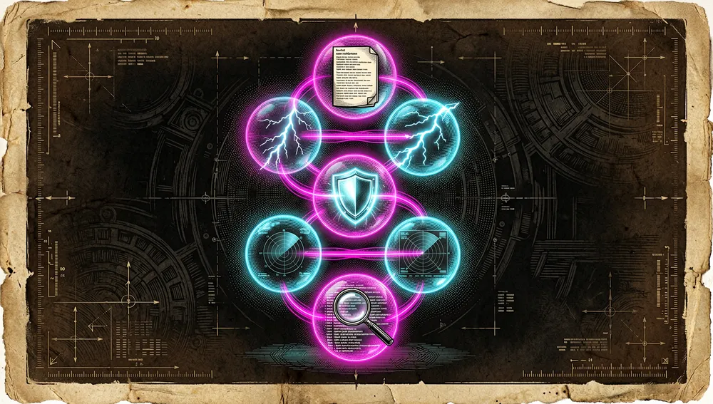 Visualización cyberpunk de cinco esferas holográficas en espiral ascendente conectadas por un pulso magenta, cada una con una escena en miniatura: lupa sobre código, barrido de radar, escudo, rayo y documento Markdown.