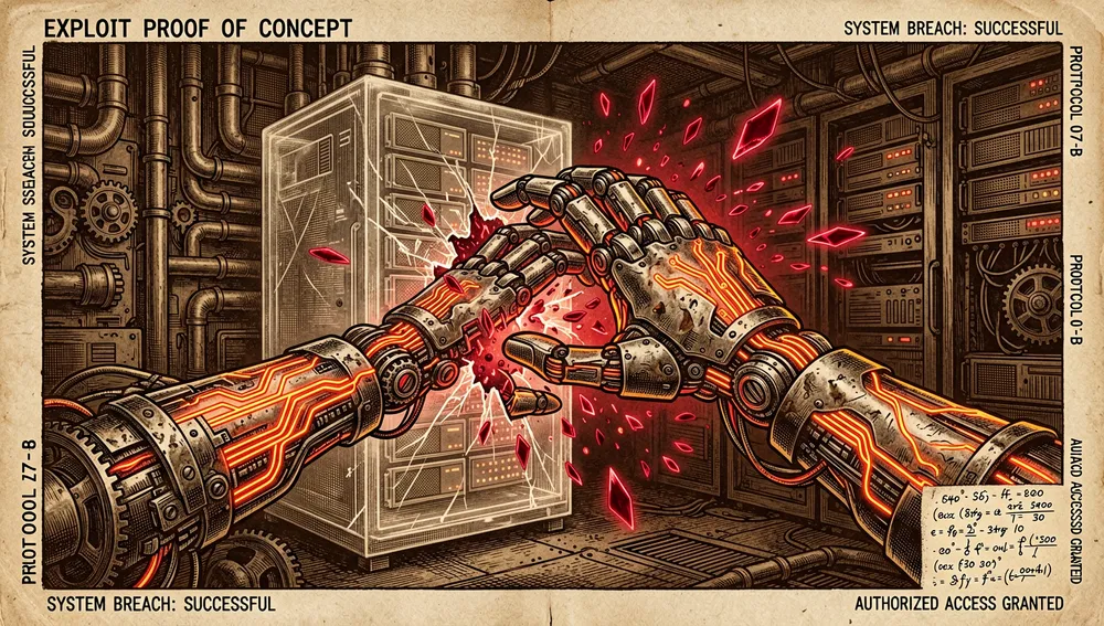 Una mano cibernética de circuitos naranja neón atraviesa una barrera de seguridad holográfica de cristal, haciéndola estallar en fragmentos de datos carmesí, en el instante de un exploit autorizado.