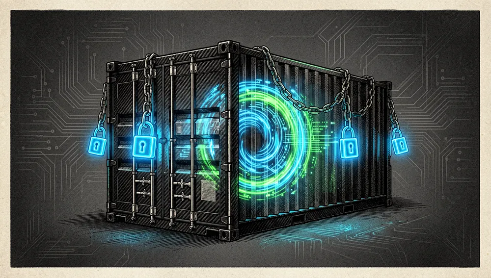 Un contenedor de envío futurista y semitransparente flota en un vacío digital oscuro, con un vórtice de datos azul y verde en su interior, asegurado con cadenas metálicas y candados de neón.