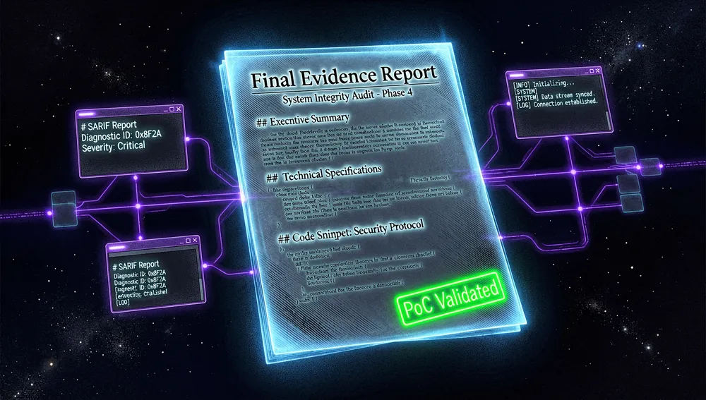 Un documento Markdown holográfico flota en la oscuridad con un sello «PoC Validated» en verde neón, rodeado de ventanas menores con código SARIF y registros de terminal conectados por haces de datos púrpura.