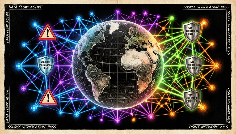 Red de nodos OSINT interconectados alrededor de un globo oscuro, con escudos brillantes que marcan riesgo de propaganda entre más de 500 fuentes curadas.