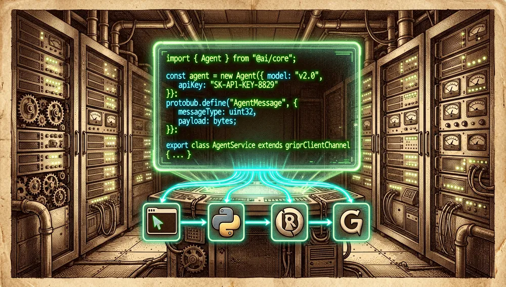 Terminal con código TypeScript y Protocol Buffers en verde neón, con iconos de CLI, SDK de Python, gema Ruby y SDK Go conectados por líneas luminosas.
