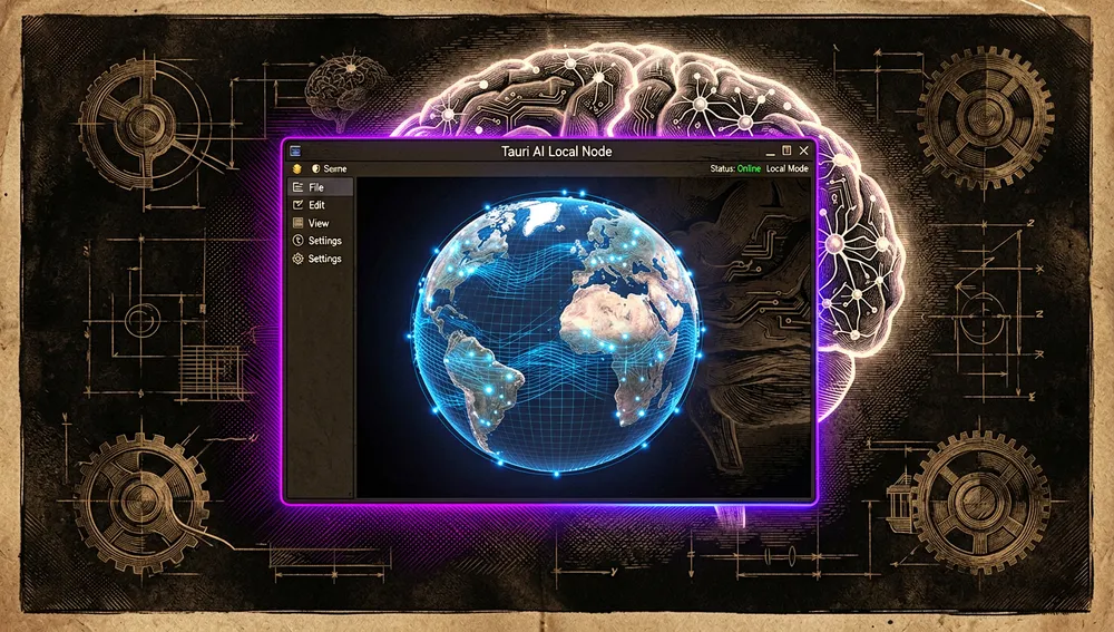 Aplicación de escritorio en modo oscuro con un globo renderizado localmente y la silueta de un modelo Ollama procesando datos sin claves de API.