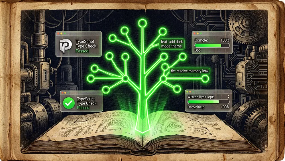 Árbol de ramas de Git en modo oscuro con pruebas de Playwright, verificación de tipos y mensajes de commit con prefijos feat: y fix:.