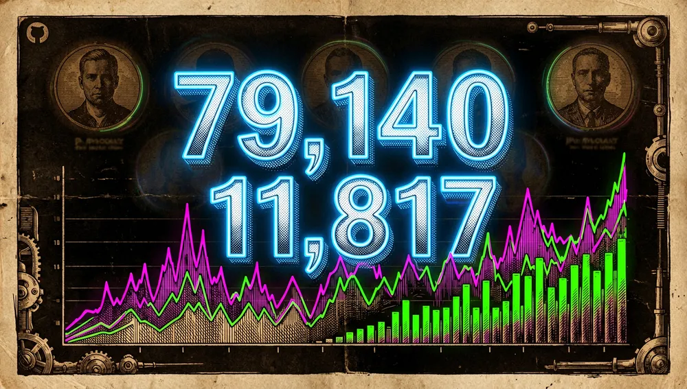 Panel de métricas de GitHub en neón mostrando un salto de estrellas hasta 79.140 y de bifurcaciones hasta 11.817, con avatares de colaboradores principales en segundo plano.