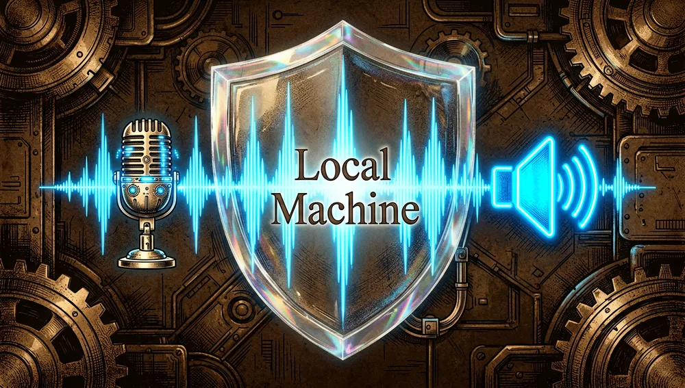 Waveform azul neón dividida en dos mitades espejadas, un micrófono y un altavoz, dentro de un escudo holográfico "Local Machine"
