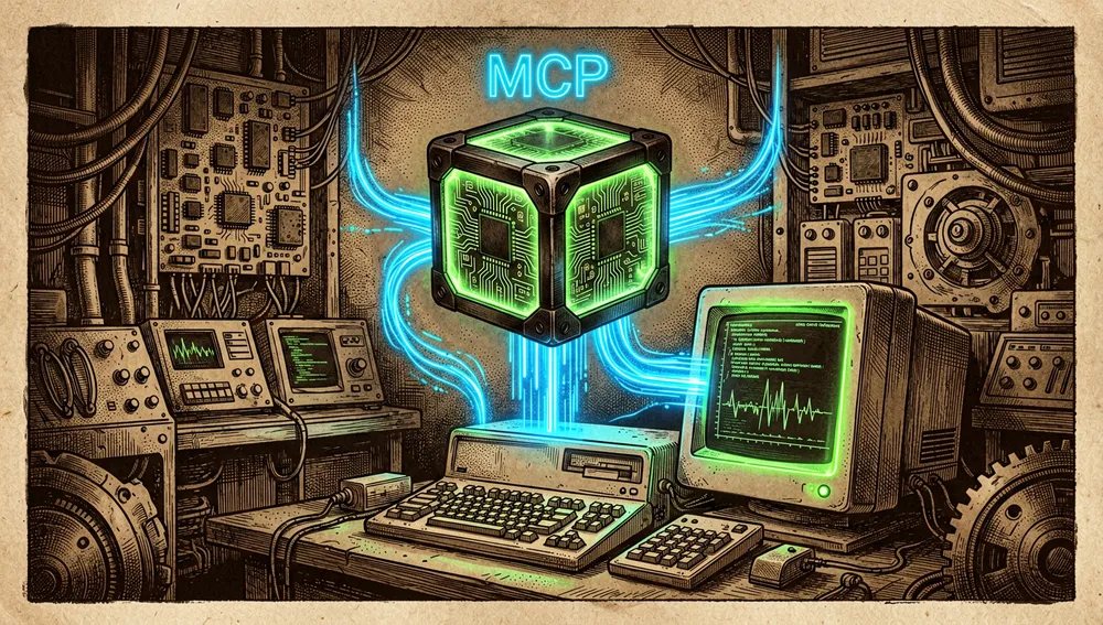 Cubo de agente de IA holográfico conectado mediante un flujo de datos etiquetado "MCP" a una terminal local