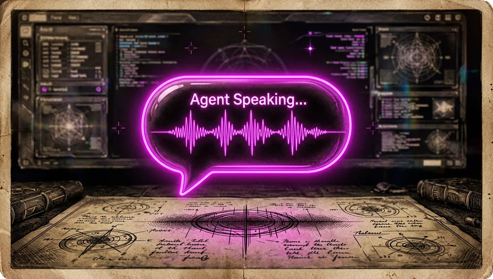 Píldora flotante con la etiqueta "Agent Speaking..." y una forma de onda pulsante en neón magenta sobre un escritorio oscuro