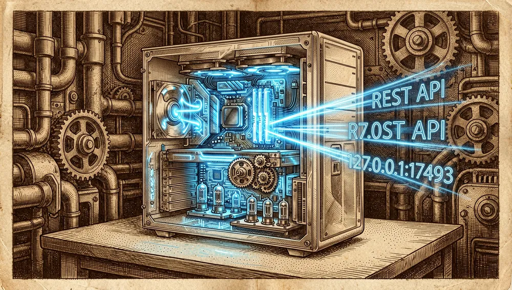 Torre de servidor contenida en una carcasa de PC transparente emitiendo el texto "REST API" y "127.0.0.1:17493" en haces de luz neón