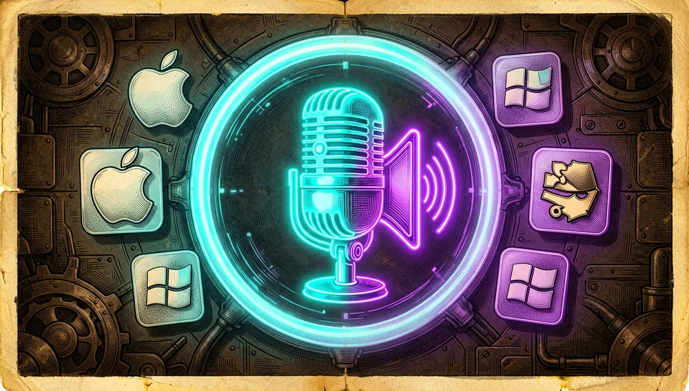 Micrófono y altavoz en neón fundiéndose en un único círculo, rodeado de iconos de macOS, Windows y Linux