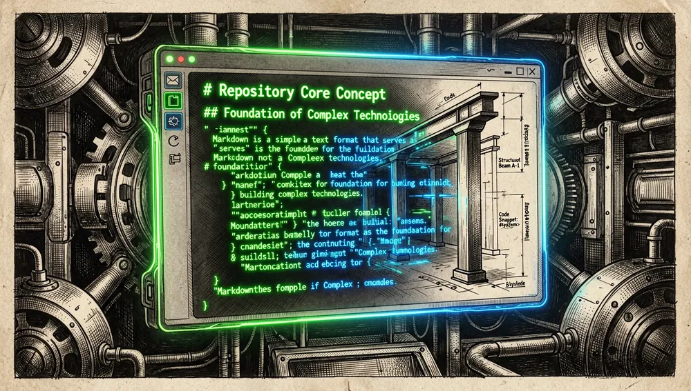 Interfaz futurista de un archivo Markdown cuyas líneas de texto se transforman en bloques arquitectónicos de construcción, representando el índice del repositorio como base de tecnologías complejas.