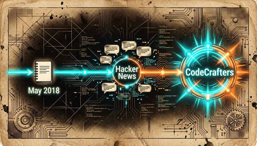 Línea de tiempo futurista con nodos holográficos que marcan los hitos "May 2018", "Hacker News" y "CodeCrafters", ilustrando la evolución del repositorio.