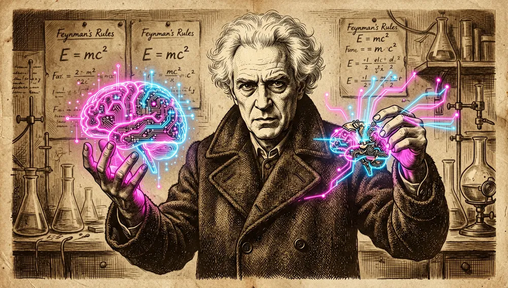 Representación conceptual de la cita de Richard Feynman "lo que no puedo crear, no lo entiendo": un cerebro holográfico de circuitos ensambla con sus manos una estructura tecnológica en miniatura desde cero.