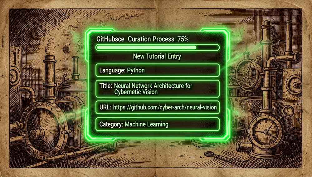 Interfaz futurista de una plantilla de incidencia de GitHub con campos holográficos para Lenguaje, Título, URL y Categoría, junto a una barra de progreso del proceso de curaduría.