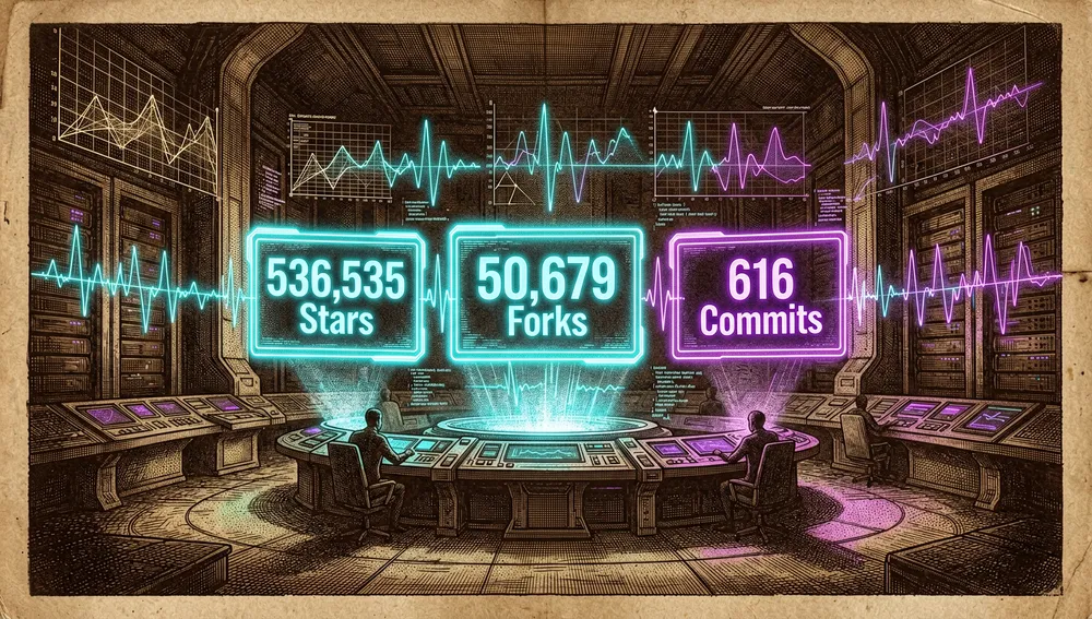 Panel de comando futurista con cifras neón que muestran "536,535 Stars", "50,679 Forks" y "616 Commits" flotando sobre gráficos abstractos de visualización de datos.
