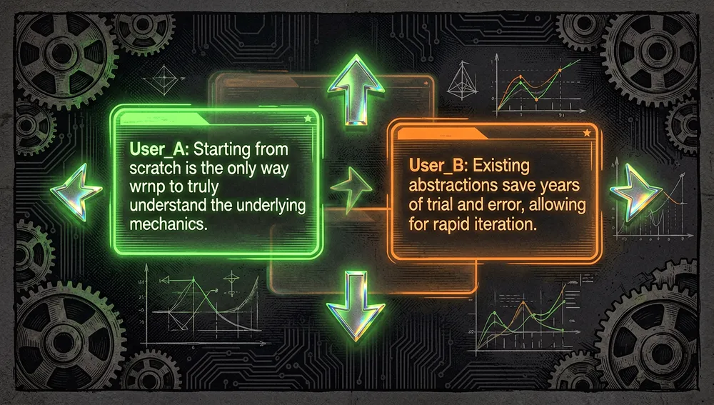 Interfaz futurista de un foro digital con hilos de comentarios holográficos y flechas de voto ascendente representando el debate en Hacker News entre aprender desde cero y usar abstracciones.