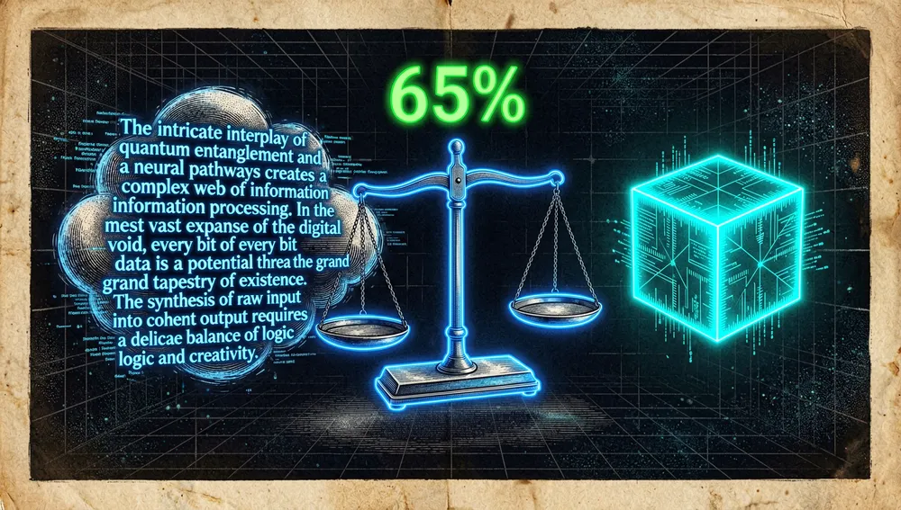 Holografische Waage, die eine chaotische Wolke aus ausschweifendem Text mit einem winzigen, komprimierten Datenwürfel vergleicht, darüber schwebt eine grüne „65 %“-Anzeige.