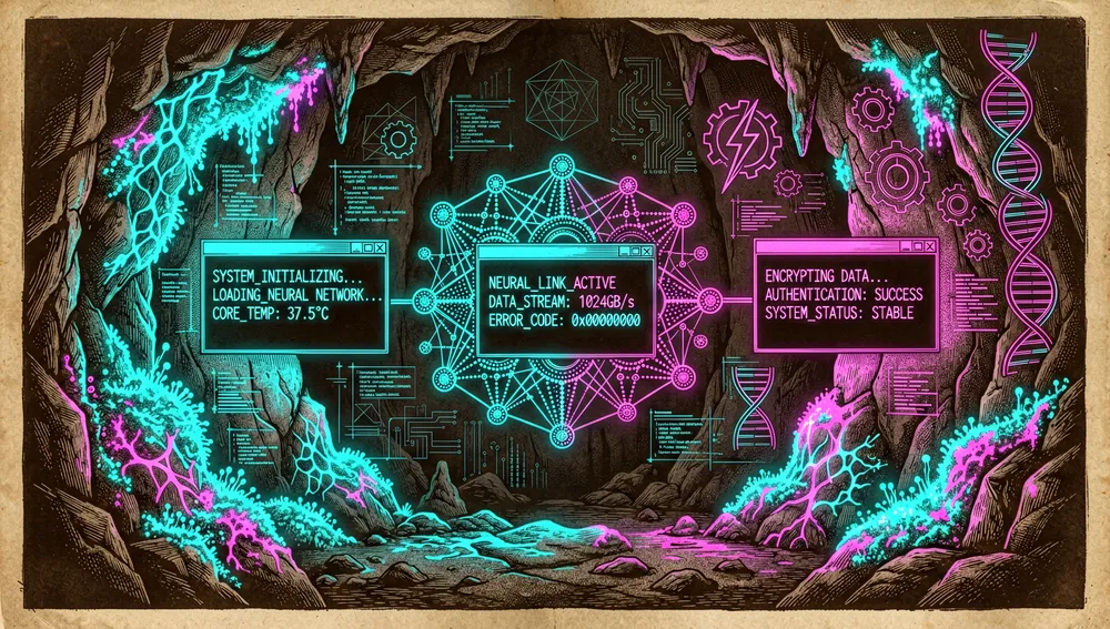 Biolumineszierende Höhlenmalereien, die technische Diagramme, Codeschnipsel und Terminalbefehle in leuchtendem Cyan- und Magentaton darstellen.