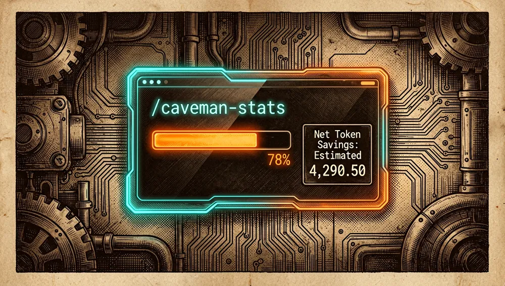 Futuristisches Terminal, das den Befehl /caveman-stats ausführt, mit Fortschrittsbalken und einem Panel mit der Anzeige „Net Token Savings: Estimated“.