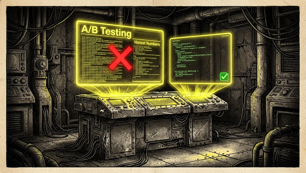 Geteilter Bildschirm in einem Cyberpunk-Terminal: ein großer Textblock mit rotem X neben einem kurzen, effizienten Codeausschnitt mit grünem Häkchen, daneben die Beschriftungen „A/B Testing“ und „Honest Numbers“.