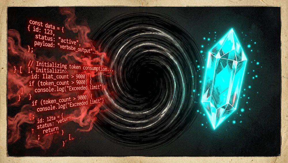 Konzeptionelle Darstellung der Token-Kompression: Eine chaotische Wolke aus rotem Text und Code wird in ein schwarzes Loch gezogen und tritt als geometrischer neoncyanfarbener Kristall wieder aus – Sinnbild für die Reduzierung der Terminalausgabe um 60 bis 90 %.