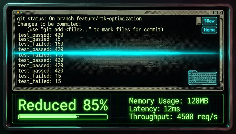 Futuristische Terminal-Oberfläche, in der ein Neonlicht-Sweep einen großen Block aus Testprotokollen und git status-Ausgaben zu einer komprimierten Zusammenfassung mit der Markierung „Reduced 85%" verdichtet.