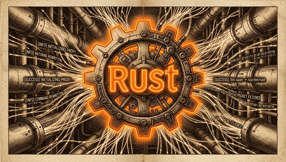 Illustration eines orangefarbenen Neon-Zahnrads mit Rust-Logo, eingebettet in eine Hochgeschwindigkeits-Datenpipeline – Sinnbild für den in Rust geschriebenen Proxy, der Shell-Befehle mit minimalem Overhead abfängt und umschreibt.