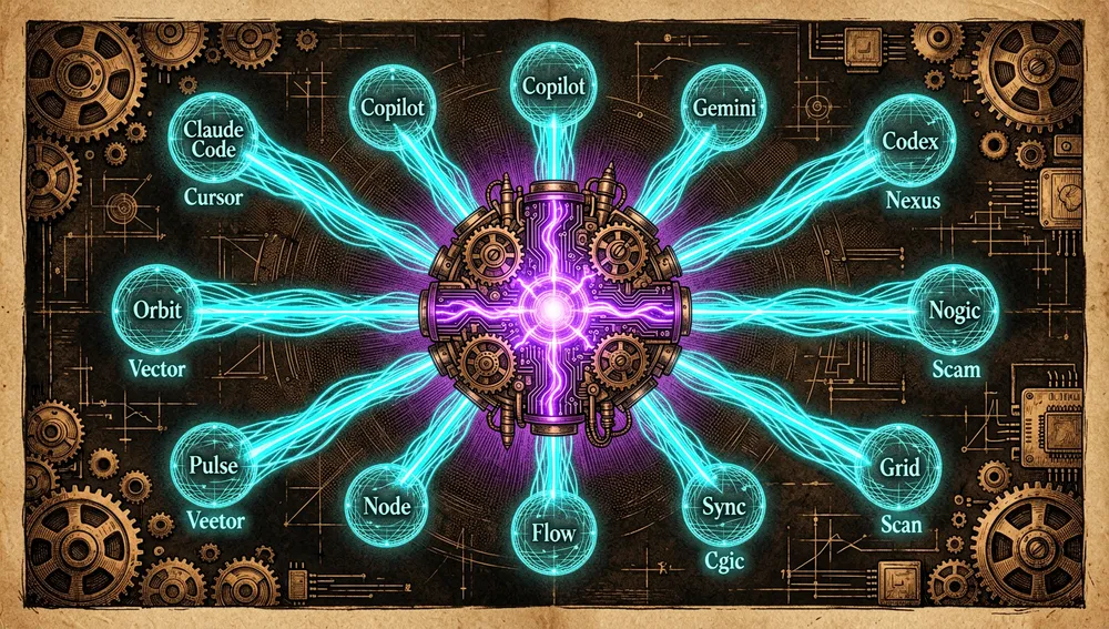 Violetter Neon-KI-Kern, der über leuchtende Datenströme mit holografischen Knoten verbunden ist, die mit Claude Code, Copilot, Cursor, Gemini CLI und Codex beschriftet sind – Sinnbild für die RTK-Adapter für fünfzehn Umgebungen.