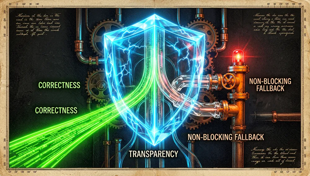 Blauer Neon-Schutzschild, der einen Datenstrom schützt, der sich in drei Pfade verzweigt – grün für Korrektheit, transparent für Transparenz und orange für das Ausweichventil ohne Blockierung –, Sinnbild für die Betriebsprinzipien von RTK.