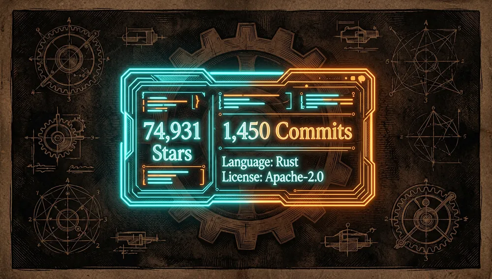 Holografisches GitHub-Repository-Dashboard mit Neon-Kennzahlen: 74.931 Sterne, Hauptsprache Rust und Apache-2.0-Lizenz vor einem dunklen Hintergrund aus Codestrukturen.