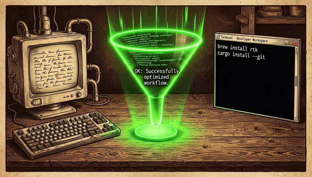 Futuristisches Terminal, das die Installationsbefehle brew install rtk und cargo install --git ausführt, während ein grüner Neon-Trichter das Text-Rauschen aufsaugt und eine saubere Ausgabe hinterlässt.