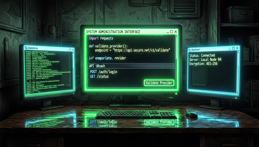 Schwach beleuchteter Arbeitsplatz, erhellt von mehreren Terminalfenstern mit einer lokalen Admin-Oberfläche in Neongrün und -cyan, mit Python-Code, API-Endpunkten und einer Schaltfläche „Validate Provider“.