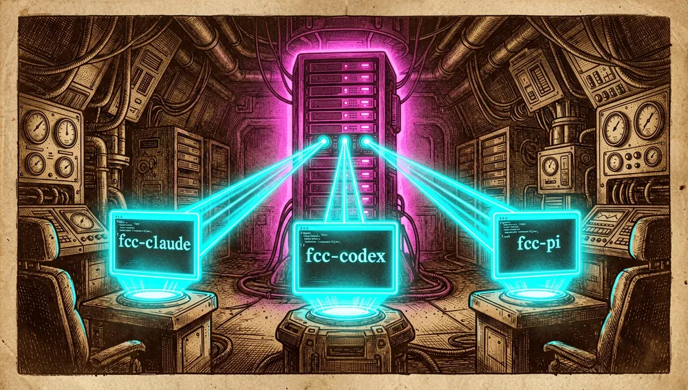 Drei holografische Start-Terminals (fcc-claude, fcc-codex, fcc-pi), die Datenstrahlen aussenden, die in einem cyberpunkartigen Kommandozentrum auf einem zentralen Serverturm zusammenlaufen.