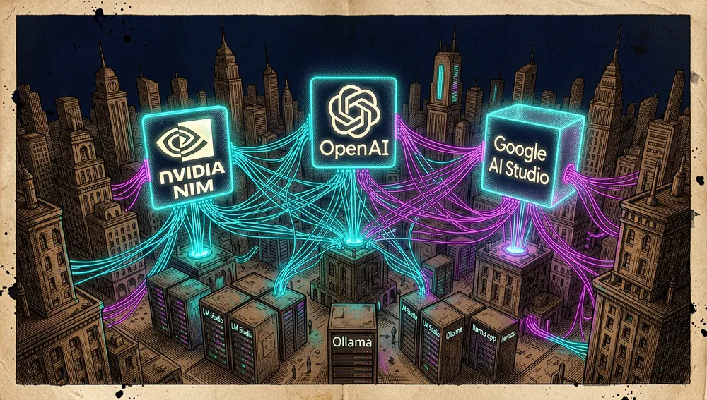 Luftaufnahme einer nächtlichen Cyberpunk-Stadt, in der riesige holografische Symbole von Cloud- und lokalen KI-Anbietern über ein Netz aus cyan- und magentafarbenen Glasfaserkabeln verbunden sind.