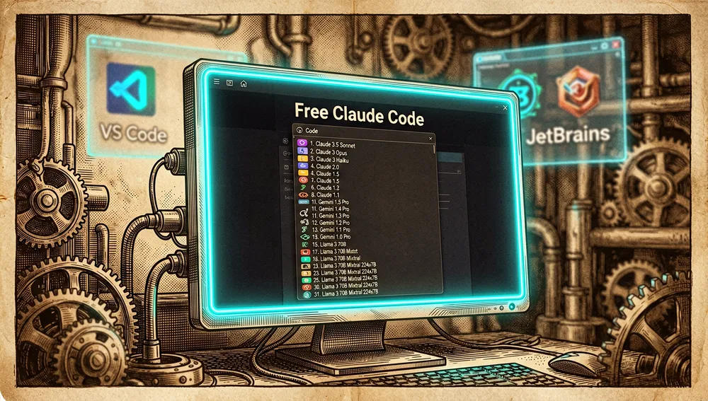 Lokale Free-Claude-Code-Oberfläche mit einem Dropdown-Menü, das 31 konfigurierbare KI-Anbieter auflistet, im Hintergrund Symbole für die VS-Code- und JetBrains-Integration.