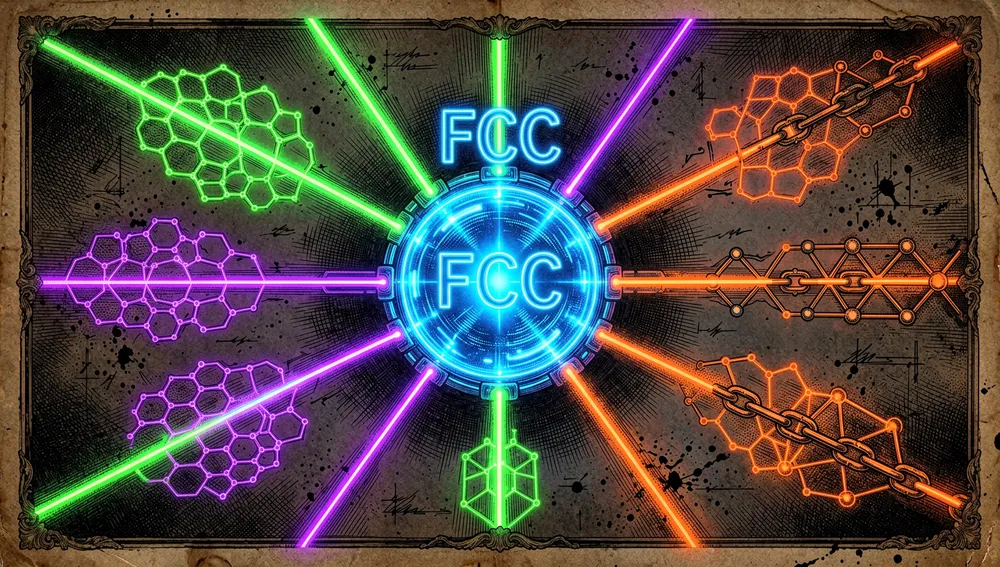 Zentraler Neon-Kern mit der Aufschrift „FCC“, der sich in mehrere unabhängige Lichtpfade verzweigt und Community-Forks und -Erweiterungen darstellt.