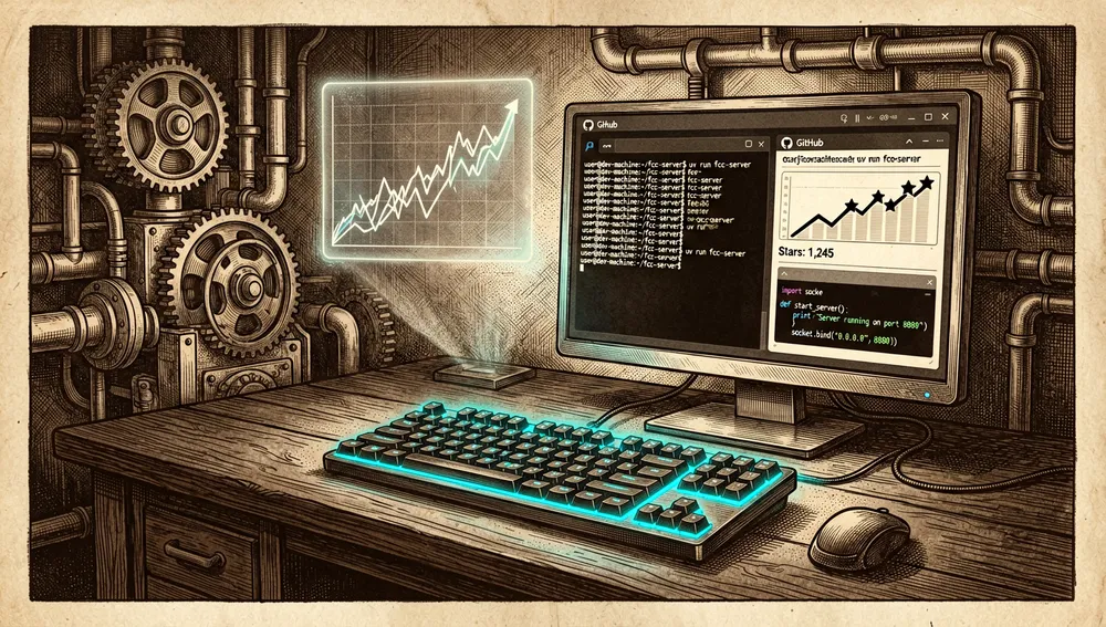Schwach beleuchteter Entwicklerschreibtisch mit cyanfarben hintergrundbeleuchteter mechanischer Tastatur, einem Monitor mit laufendem uv run fcc-server und einer GitHub-Repository-Seite mit steigender Sternezahl.