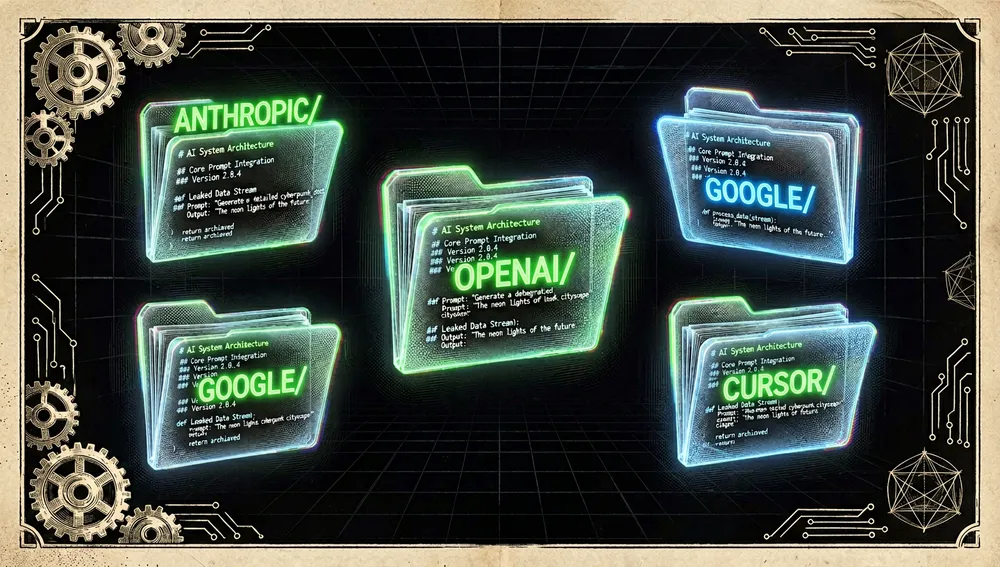 Visualización de un sistema de archivos digital con carpetas de neón etiquetadas ANTHROPIC, OPENAI, GOOGLE y CURSOR flotando en un espacio holográfico oscuro.
