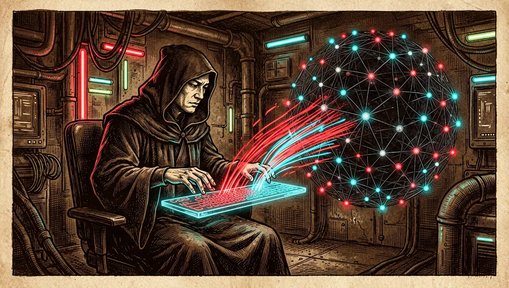 Figura encapuchada, "Pliny the Prompter", frente a un teclado holográfico realizando red teaming sobre un núcleo de IA que brilla con haces de datos rojos y cian.