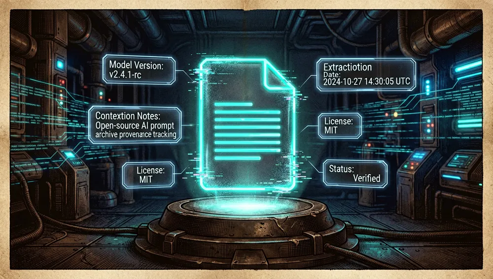 Icono de documento de neón cian con etiquetas holográficas de metadatos flotantes como "Model Version", "Extraction Date" y "Context Notes".