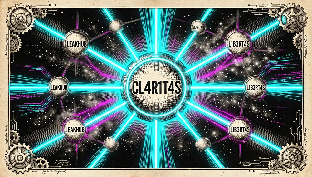 Nodo central de neón etiquetado CL4R1T4S conectado mediante haces de luz a nodos orbitales que representan repositorios relacionados como LEAKHUB y L1B3RT4S.