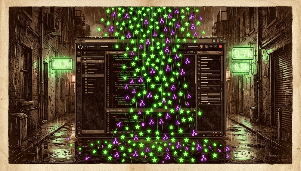 Interfaz al estilo GitHub inundada por una tormenta de estrellas verdes de neón y bifurcaciones moradas, con los números 46.7k y 9.5k visibles al fondo.