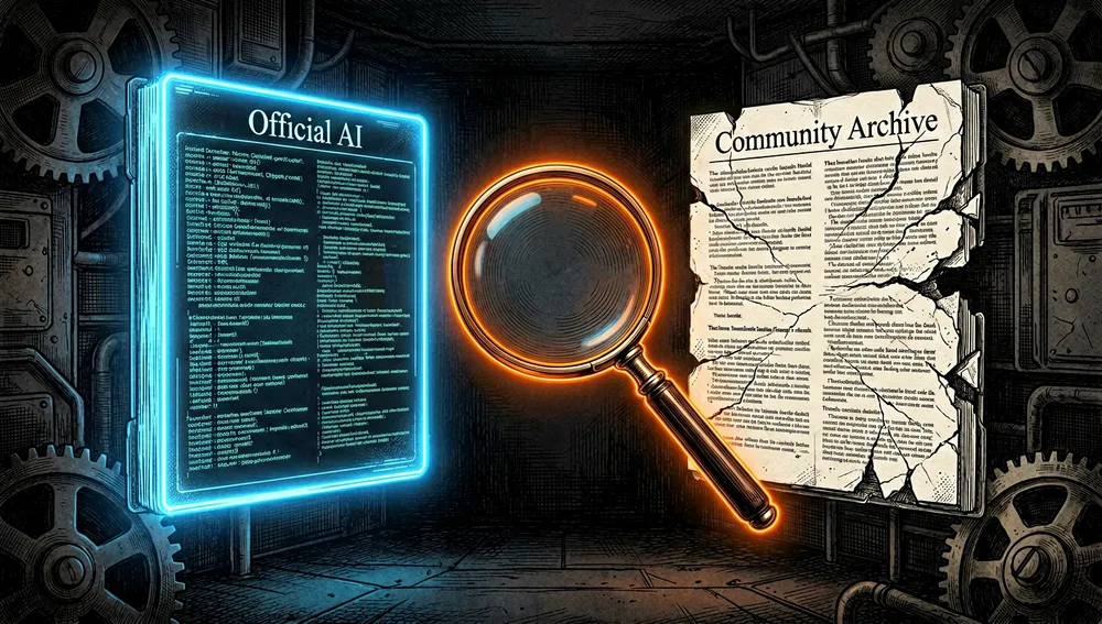Panel de comparación holográfico: un bloque monolítico de texto etiquetado "Official AI" frente a un panel fragmentado y traducido etiquetado "Community Archive", con una lupa de neón analizando las diferencias.