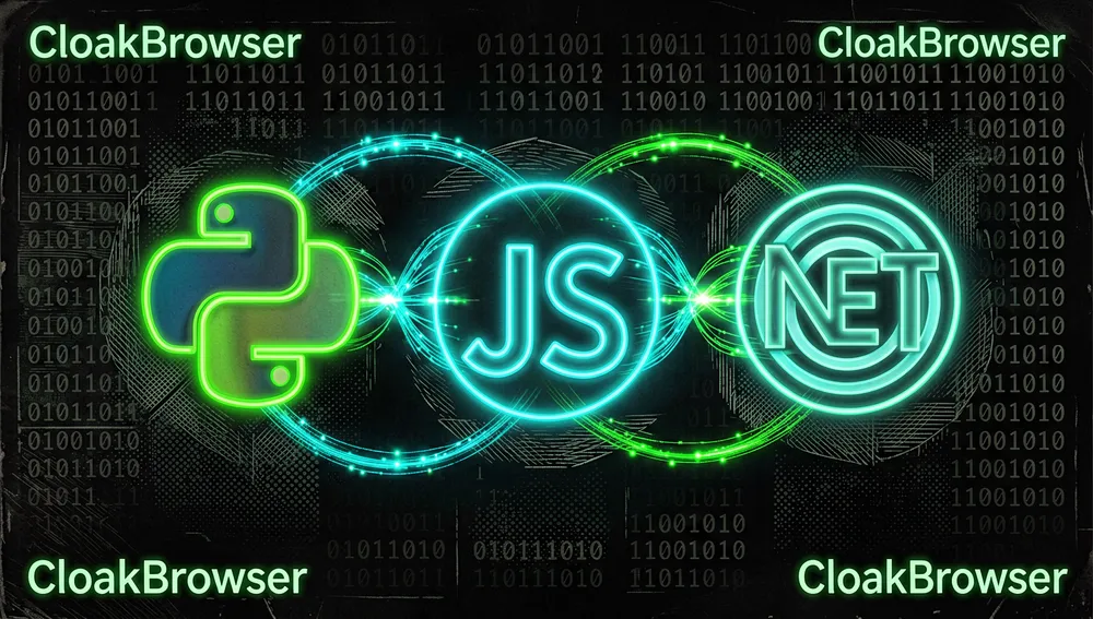Miteinander verbundene Symbole für Python, JavaScript und .NET, verbunden durch Datenströme – ein Sinnbild für die mehrsprachigen Wrapper von CloakBrowser.