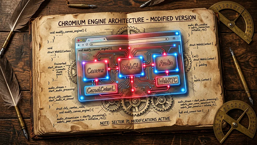 Futuristischer Bauplan der Chromium-Engine mit 71 hervorgehobenen Knoten, die die Quellcode-Änderungen an Canvas, WebGL, Audio und WebRTC darstellen.